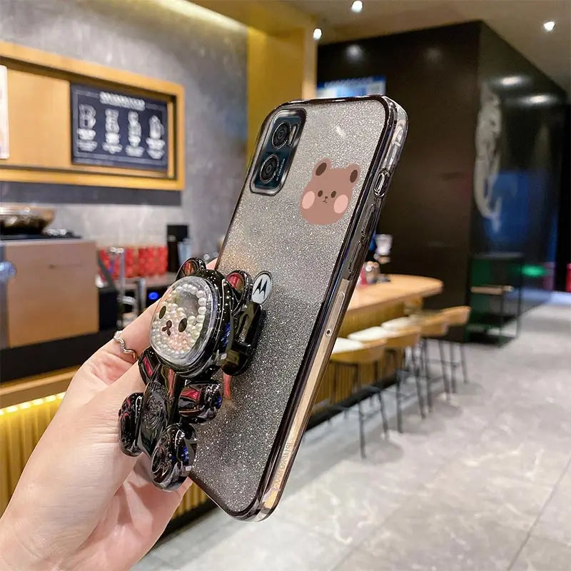 E 7 E 13 Glitter Bling Bear Phone Holder Case On For Motorola Moto E7 Plus Power E13 E20 E22 E22i E32 EDGE 20 30 Stand Cover - Sun Studio