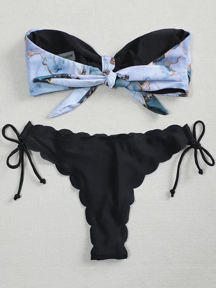 Sexy Scalloped Marble Print Bikini Women Bandeau Swimwear Female Swimsuit Two-pieces Bikini set Knotted Bather Bathing Suit Swim - Sun Studio