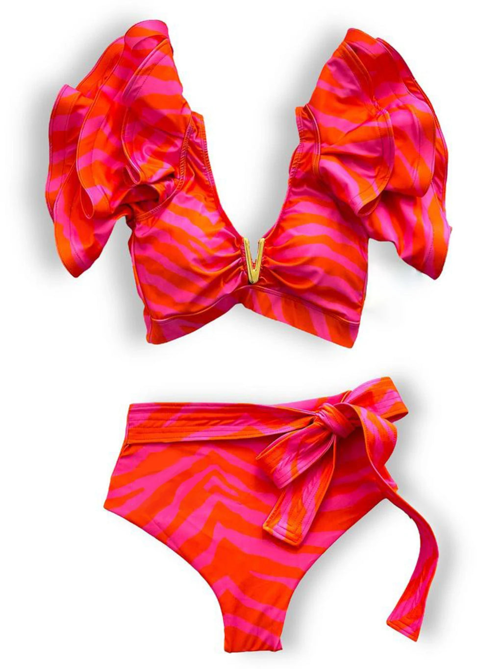 Floral Ruffled Hem Bikini Set Women Flora V-Neck High-Waisted Two Piece Swimsuit 2025 Girl Beach Bathing Suit Swimwear Biquinis - Sun Studio