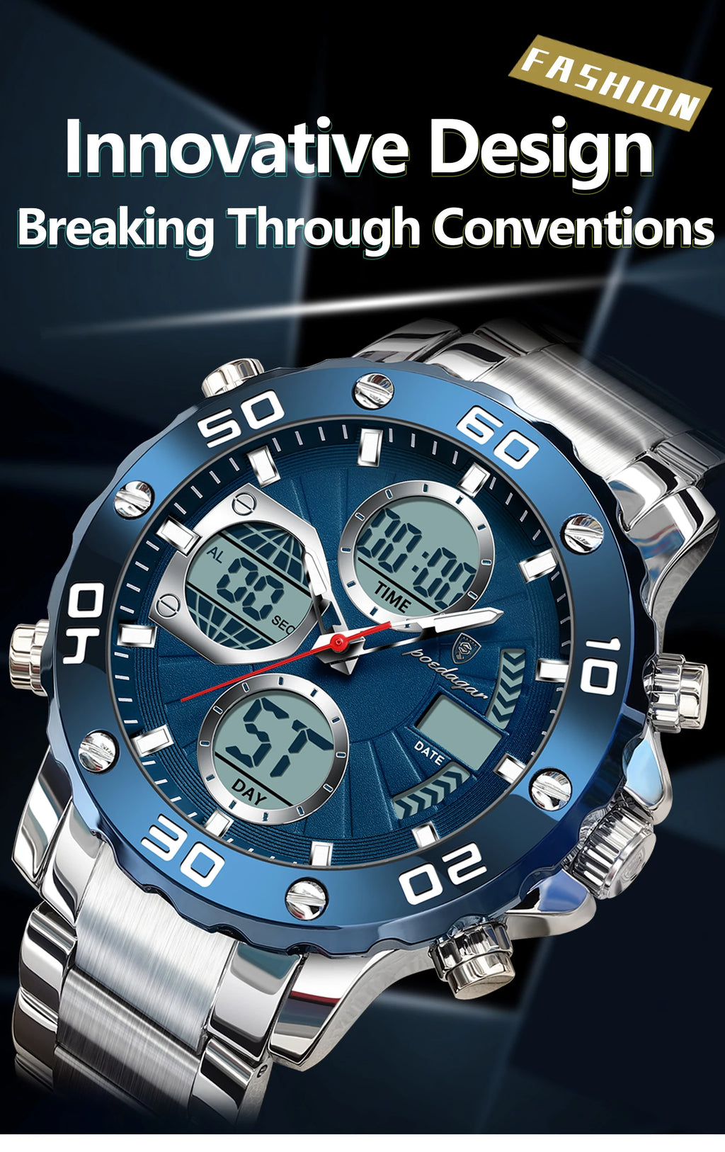 POEDAGAR Military Men's Quartz Wristwatch LED Alarm Dual Display Men Watch Electronic Waterproof Outdoor Sports Watches for Men - Sun Studio