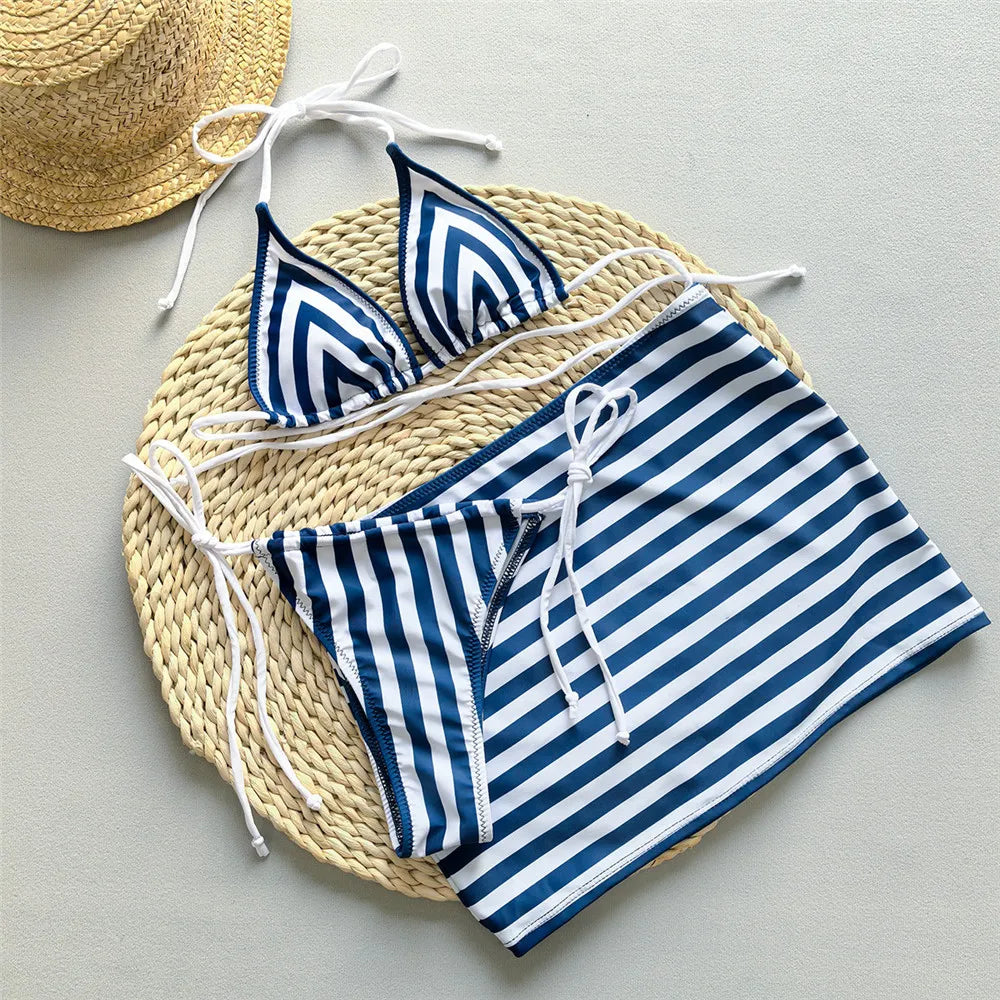 Blue Striped Print String Halter Micro Bikini Thong Sexy Swimsuit Cover Ups Women Holiday Swimwear Beach Wear Bikinis Sets 2026 - Sun Studio