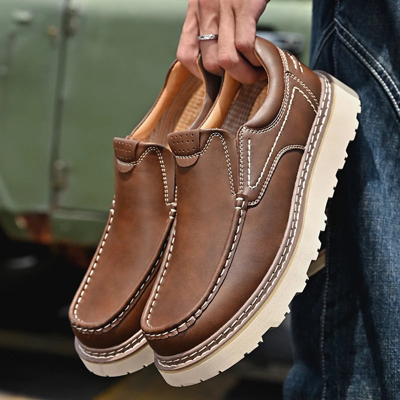 Trendy New Style Men's Genuine Leather Shoes Thick Soled Tooling Shoes Men's Oxford Shoes Lace Up Business Shoes Outdoor Loafers - Sun Studio