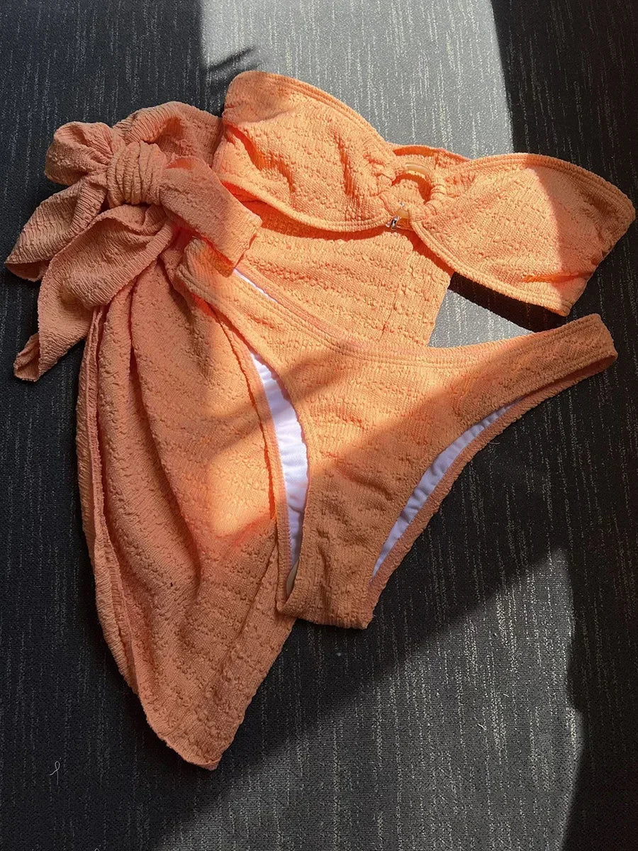 With Sarong Bandeau Strapless Wrinkled Bikini Women Swimwear Female Swimsuit Three-pieces Bikini set Bather Bathing Suit Swim - Sun Studio