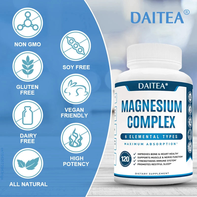 Magnesium Complex Supplement - for Supporting Muscles, Nerves, Heart and Bones, High Absorption Vegetarian Capsules - Sun Studio
