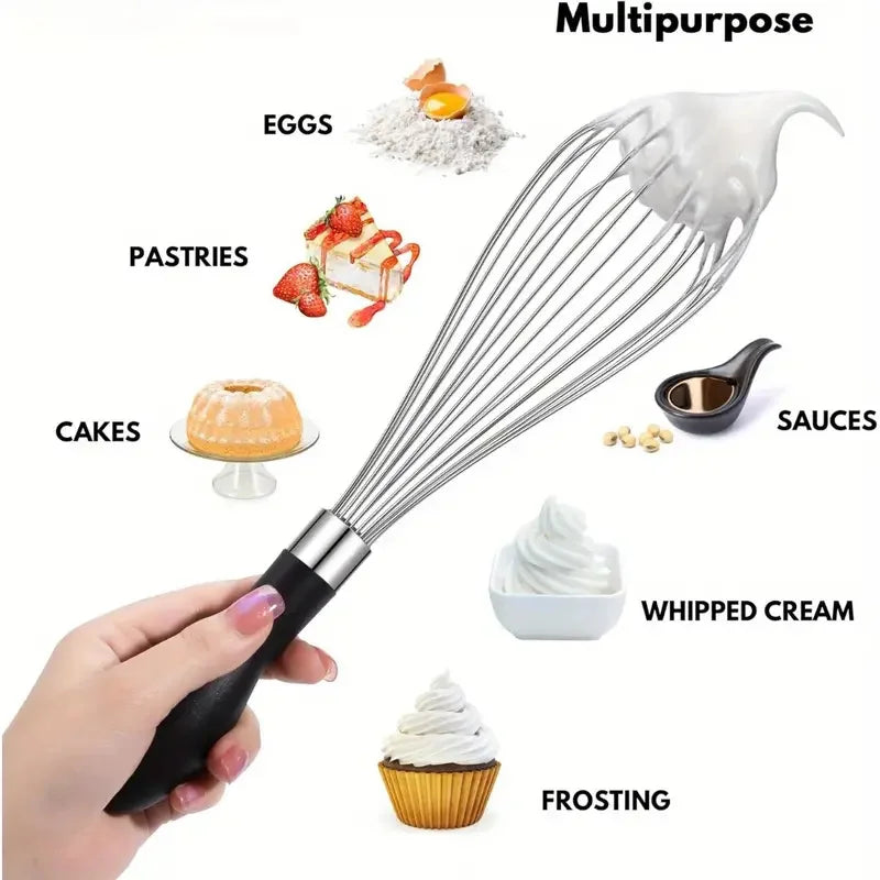 1pc Premium Stainless Steel Whisk - Ergonomic Soft-Grip Silicone Handle, Extra-Thick and Ultra-Durable for Blending, Beating, Wh - Sun Studio