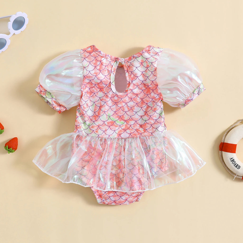 FOCUSNORM 1-5Y Kids Girls Summer Swimsuit Mermaid Skin Printed Mesh Patchwork Short Puff Sleeve Jumpsuits Beachwear - Sun Studio