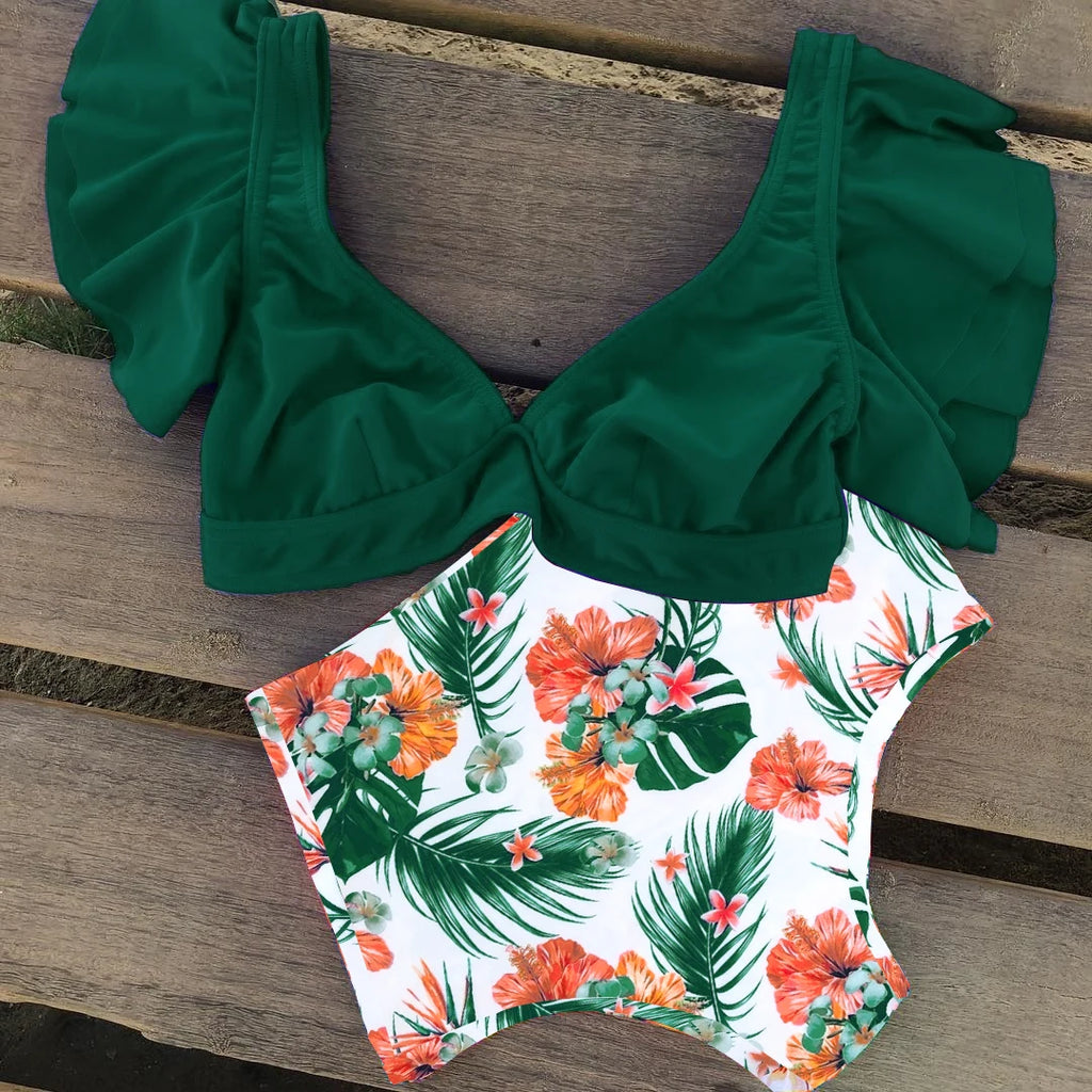 Floral Ruffled Hem Bikini Set Women Flora V-neck High-waisted Two Piece Swimsuit 2025 Girl Beach Bathing Suit Swimwear Biquinis - Sun Studio