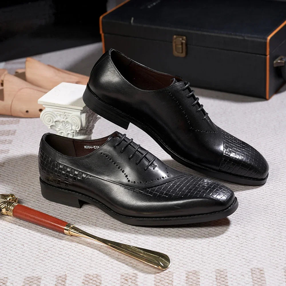 Men's Genuine Leather Oxfords Fashion Pointed Toe Wedding Party Dress Shoes Luxury Lace-Up Office Career Formal - Sun Studio