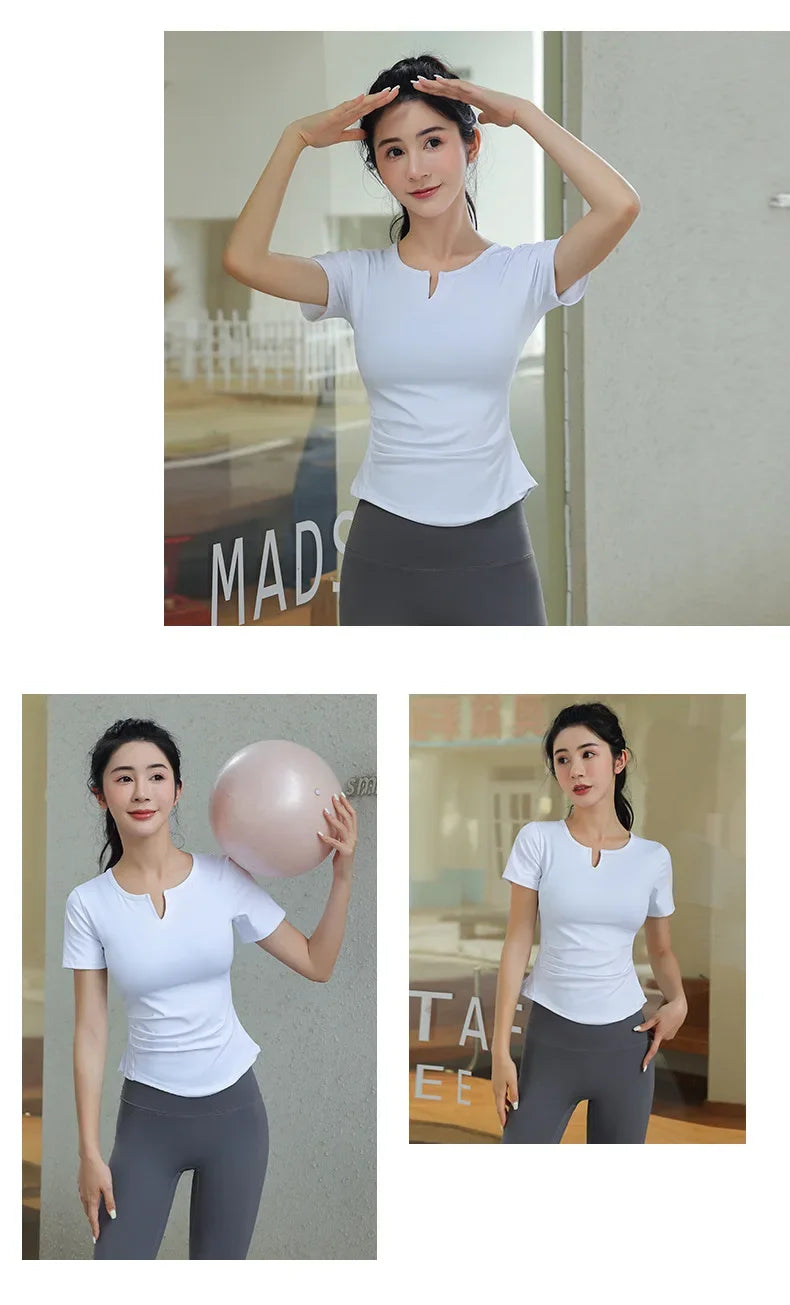 Fitness Yoga Tshirt Women's Short Sleeve Gym T-Shirt Quick Dry Running Training Breathable Slimming Moisture Wicking Sports Tops - Sun Studio