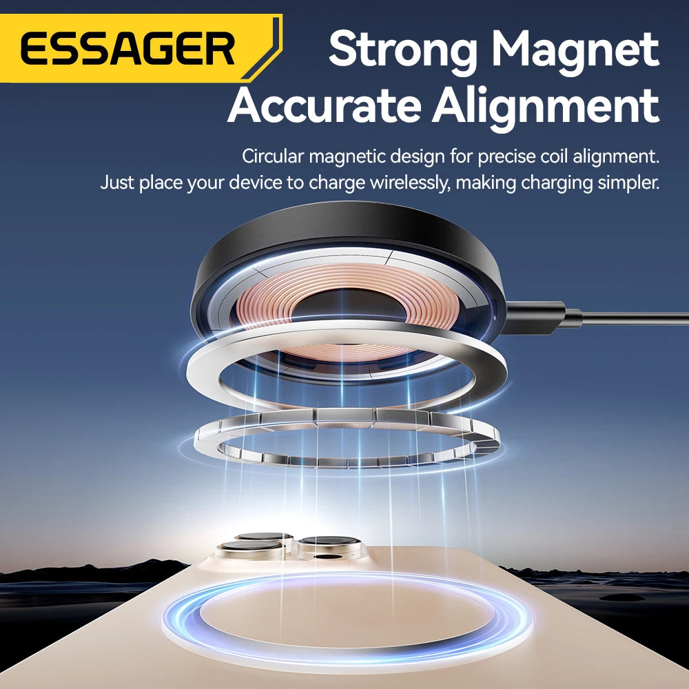 Essager Magnetic Wireless Charger With Holder 15W Fast Charging For iPhone17 16 15 14Pro Max Airpods Mini Wireless Phone Charger - Sun Studio