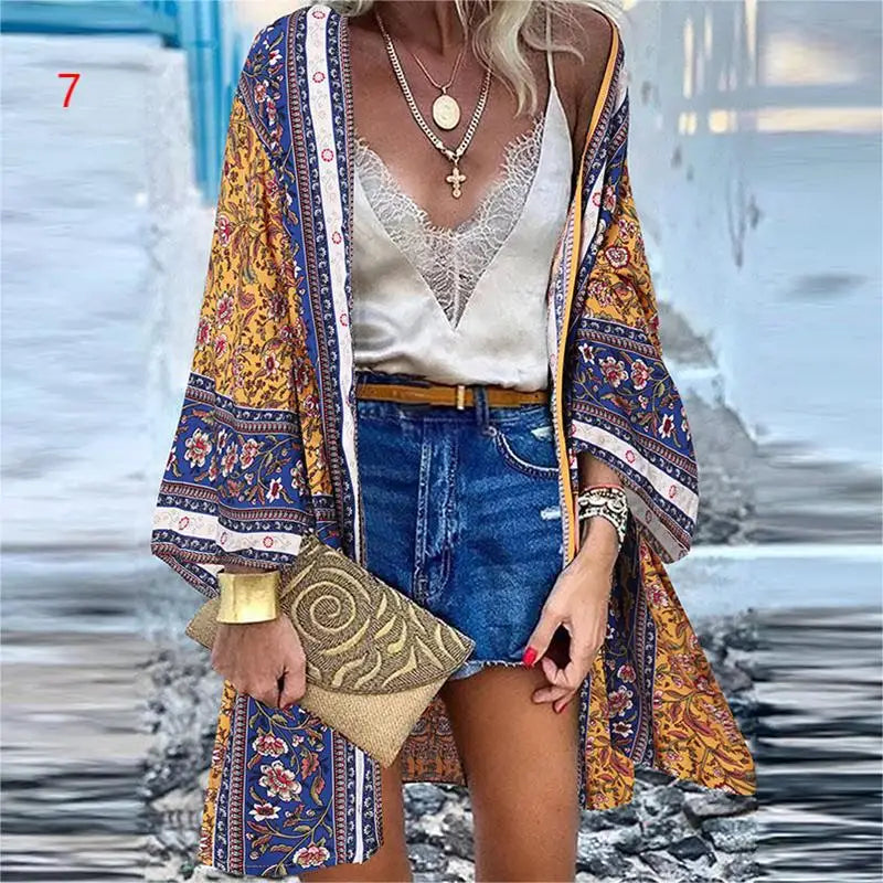 WeHello 2023 Summer Bohemian Casual Cloak Cardigan for Swimsuit woman Beach Swimwear Tops Long Sleeved Shawl Chiffon Shirt - Sun Studio