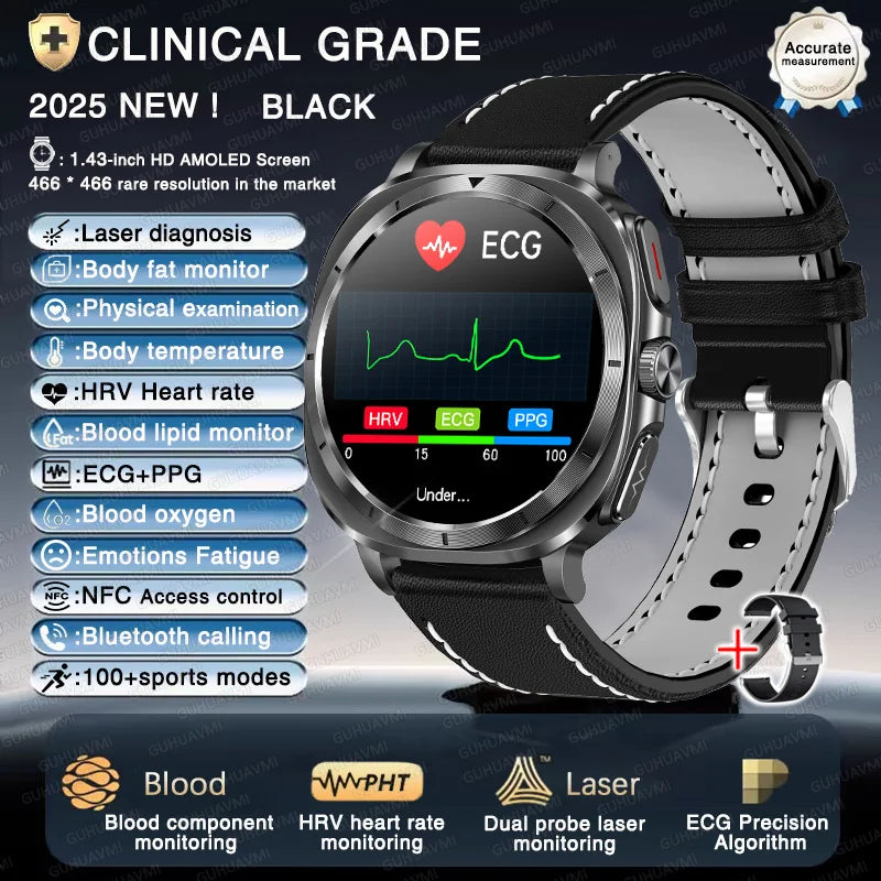 New ECG Laser Diagnosis Blood pressure Smart Watch Accurate Uric Acid Lipid Organ monitor Clock NFC Call Health Men Watches 2025 - Sun Studio
