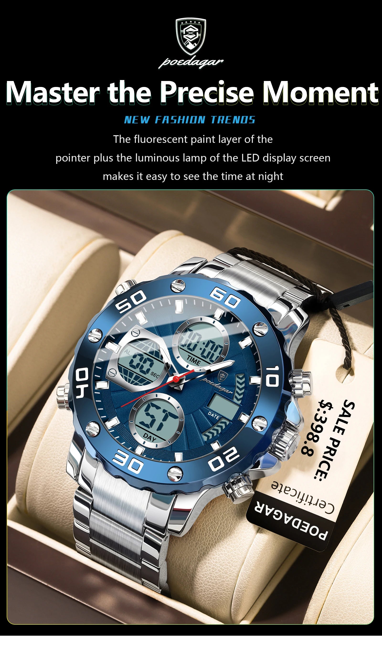 POEDAGAR Military Men's Quartz Wristwatch LED Alarm Dual Display Men Watch Electronic Waterproof Outdoor Sports Watches for Men - Sun Studio