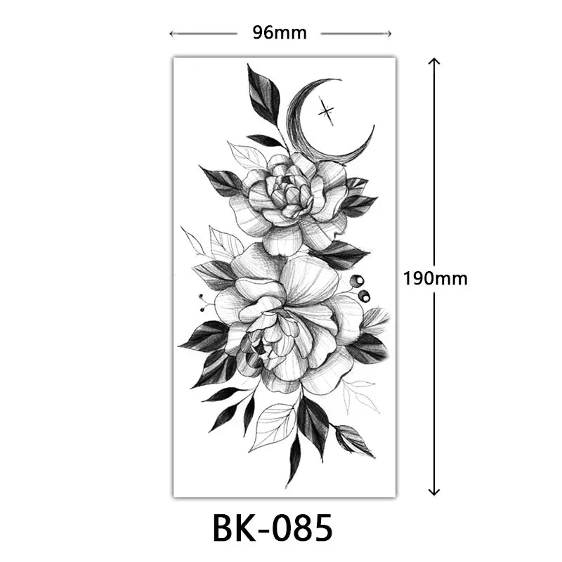 Rosenblüten-Tattoo Temporäres wasserdichtes Schmetterlings-Fake-Tattoo für Frauen Schwarzes Blumen-Skizzen-Tattoo-Aufkleber