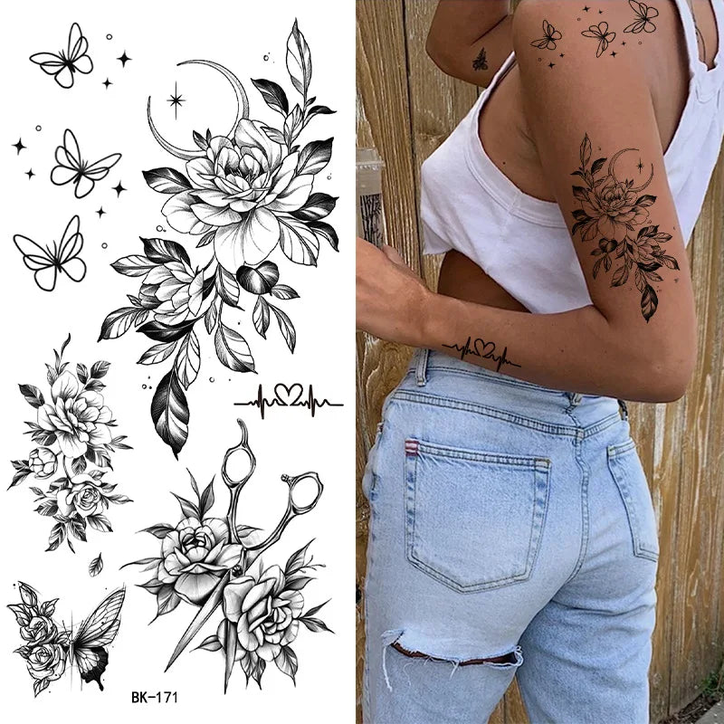 Black White Temporary Transfer Tattoos Floral Butterfly Lettering Line Art Waterproof Body Stickers for Music Festival Party