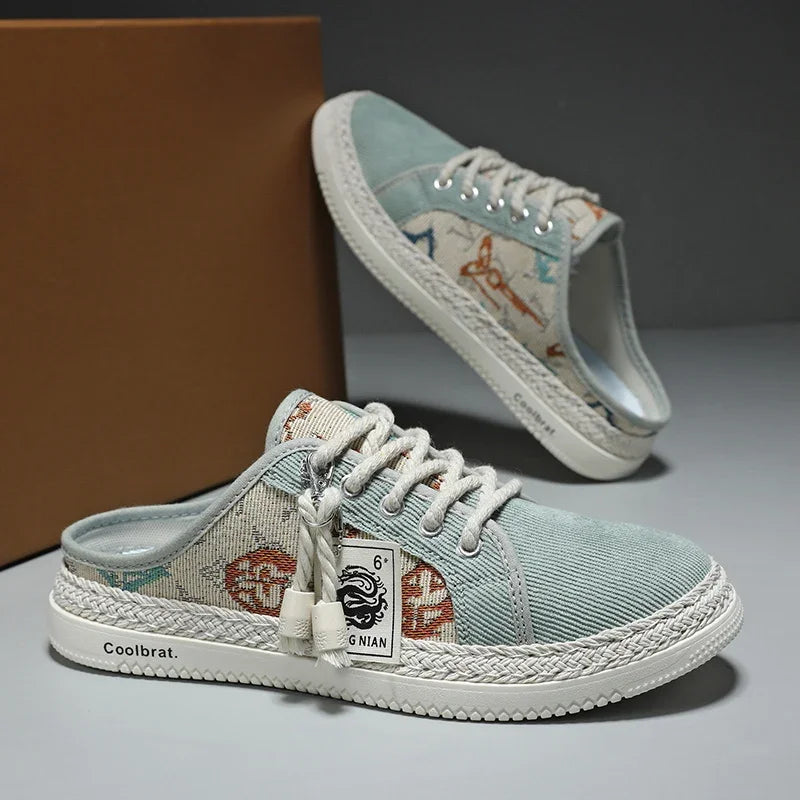 Summer New Canvas Men's Casual Shoes Men Half Slippers Breathable Walking Sneakers Comfortable Non-slip Male Flats Lazy Shoes