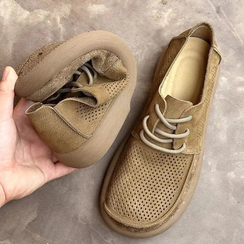 Wide toe hollow natural leather shoes men's 2025 summer new cowhide punched breathable soft leather soft sole singlecasual shoes - Sun Studio
