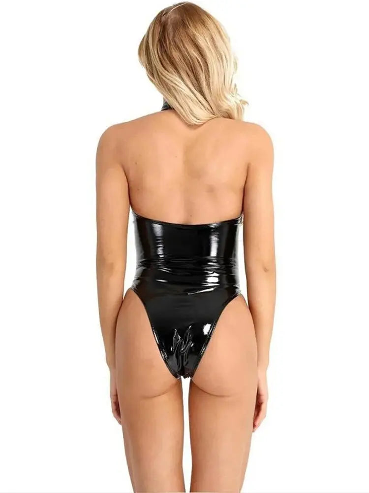 S-4XL Halter Backless Swimsuit Faux Shiny PU Leather Zipper Open Crotch Bodysuit Wet Look PVC Catsuit Tights Sexy Body Teddies - Sun Studio