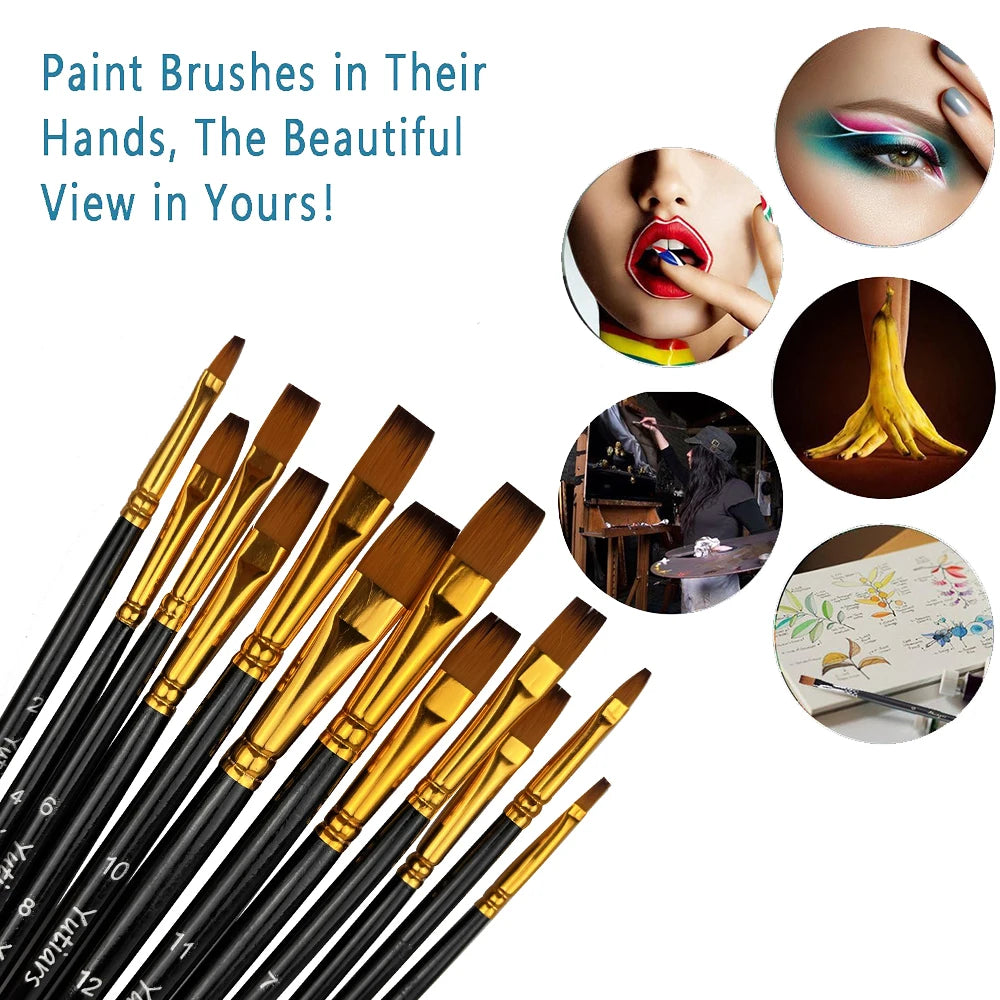 12pcs Flat Paint Brushes Set, Synthetic Nylon Bristles, Professional Artist Brushes for Oil, Acrylic, Watercolor Painting - Sun Studio