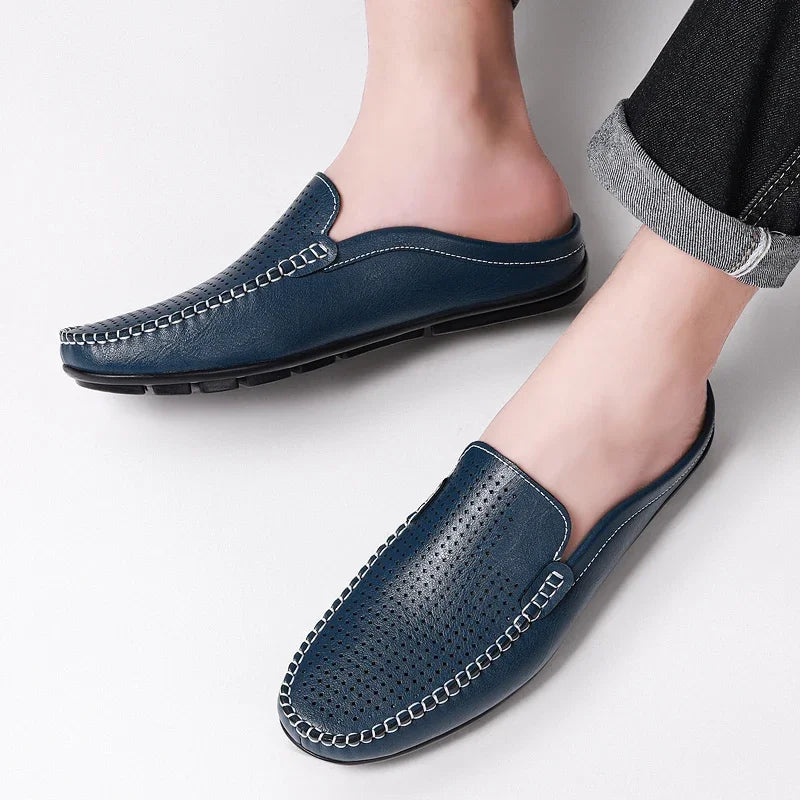 Half Shoes for Men Summer Mens Mules Perforated Leather Slippers Casual Slip-ons Loafers Flats Black Brown - Sun Studio