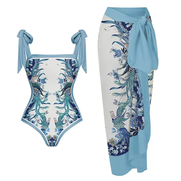 Sexy Women Cover Up Swimwear Vintage One Piece Bow Swimsuit Beach Wear Swimming Suit Double-sided Printing Reversible Design - Sun Studio