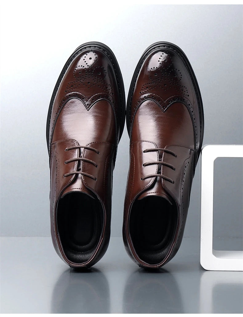 Men's Dress Brogues Elevator Shoes Platform Breathable Casual Business Luxury Genuine Leather Heightening Shoes 6 8CM Taller Man - Sun Studio
