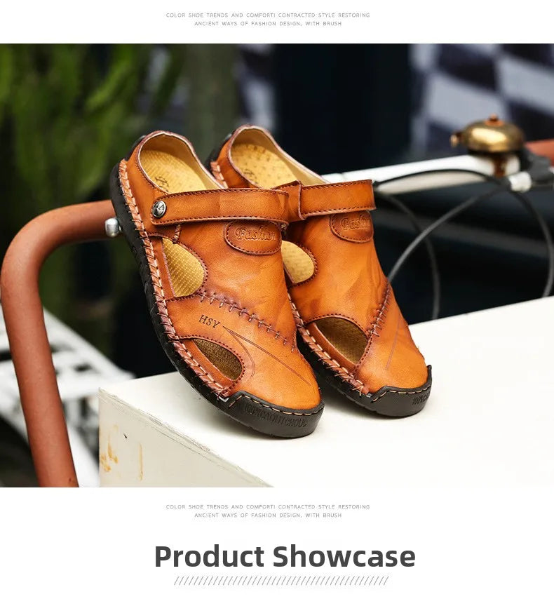 Large Size Men's Sandals Casual Leather Beach Shoes Breathable Slip-On Durable Stitched Construction Comfortable Walking Sandals - Sun Studio