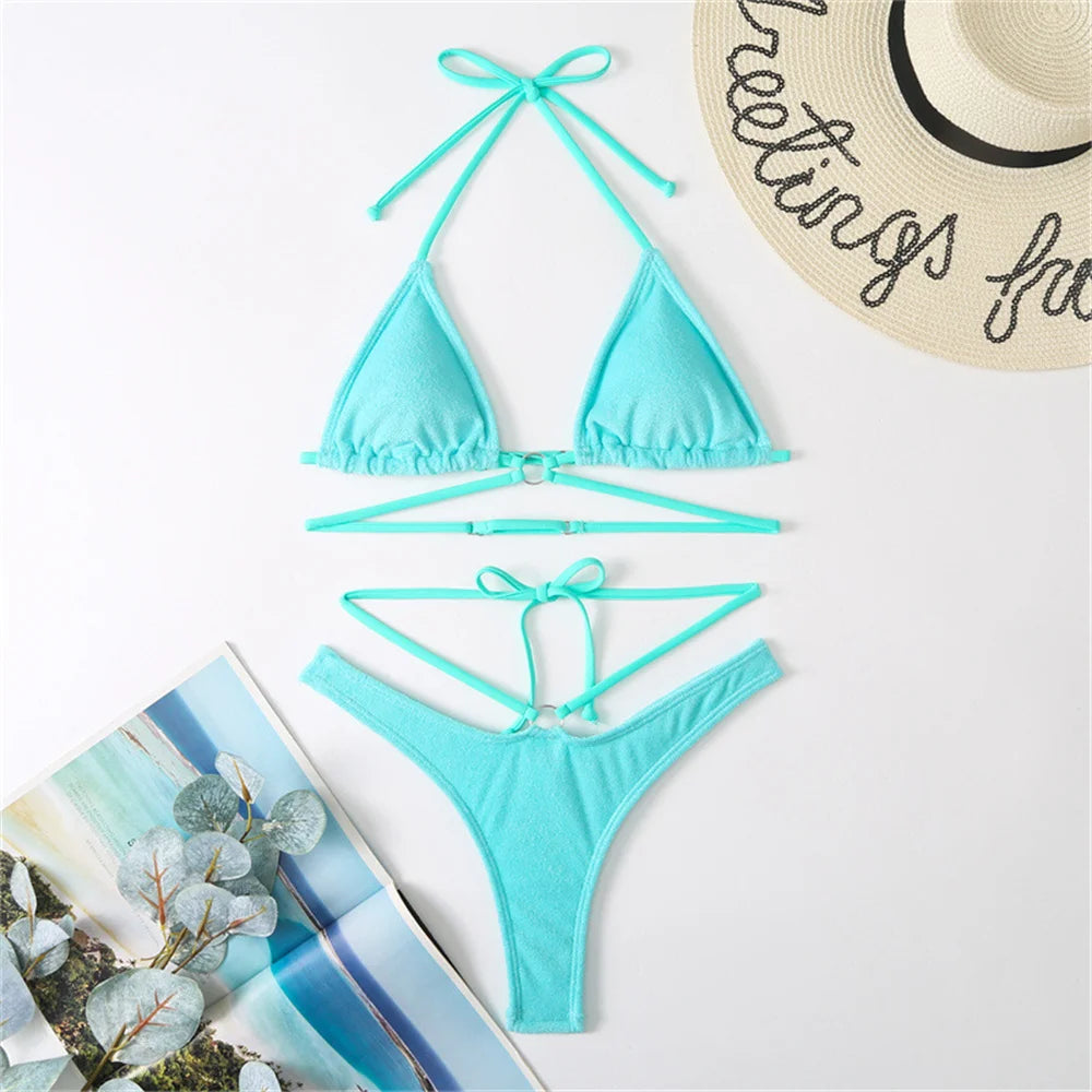Micro String Extrem Bikini Orange Y2K Triangle Backless Swimsuit Toweling Rings Vacation Swimwear Women Push Up Beach Bath Suits - Sun Studio
