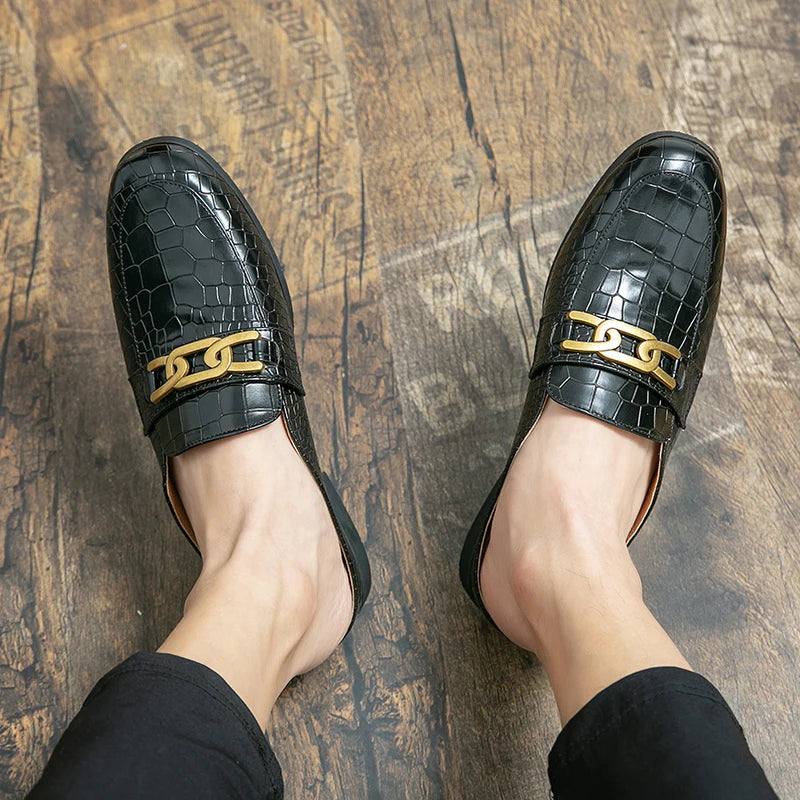 100% Genuine Leather Black Men’s Half Shoes For Men Shoes Mules Casual Designer Shoes Fashion Loafers Luxury Black Slippers 2022