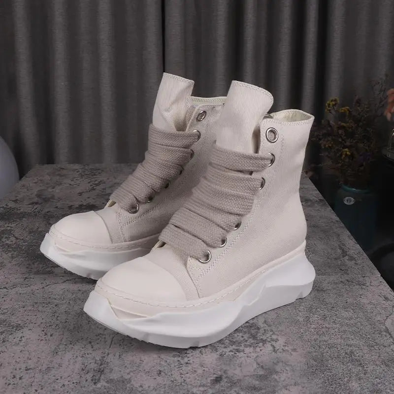 Men Women High-TOP Shoes Casual Canvas Platform Heel Sneakers Luxury Designer Jumbo Lace Up Zip Autumn Black Boots - Sun Studio