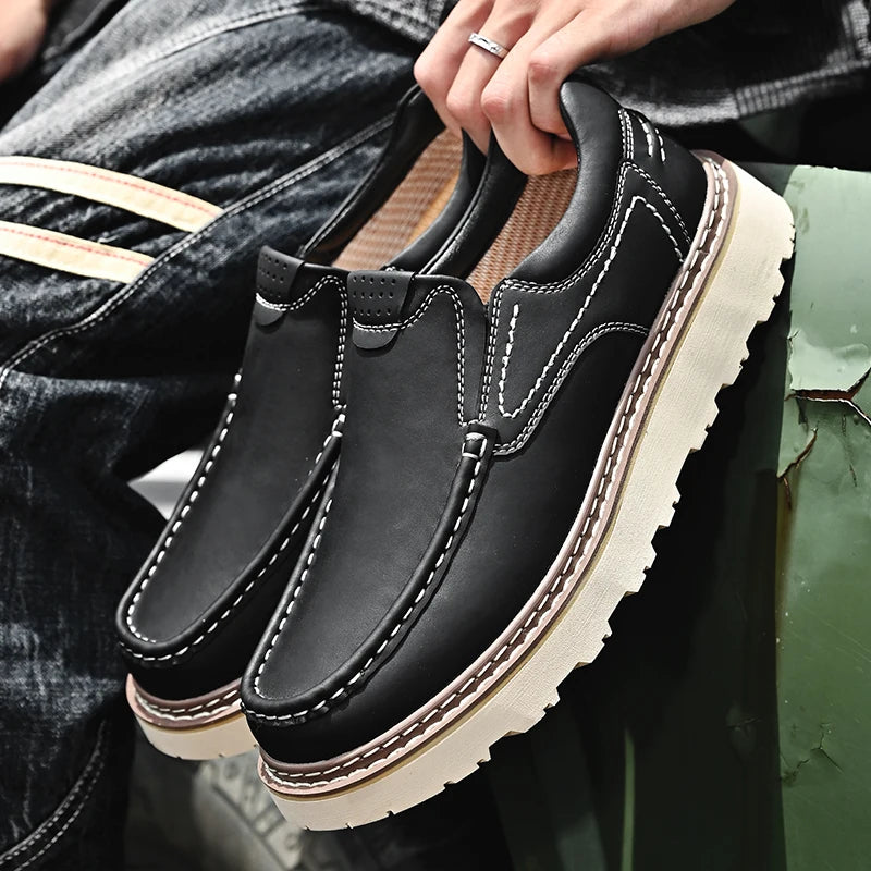 Trendy New Style Men's Genuine Leather Shoes Thick Soled Tooling Shoes Men's Oxford Shoes Lace Up Business Shoes Outdoor Loafers - Sun Studio
