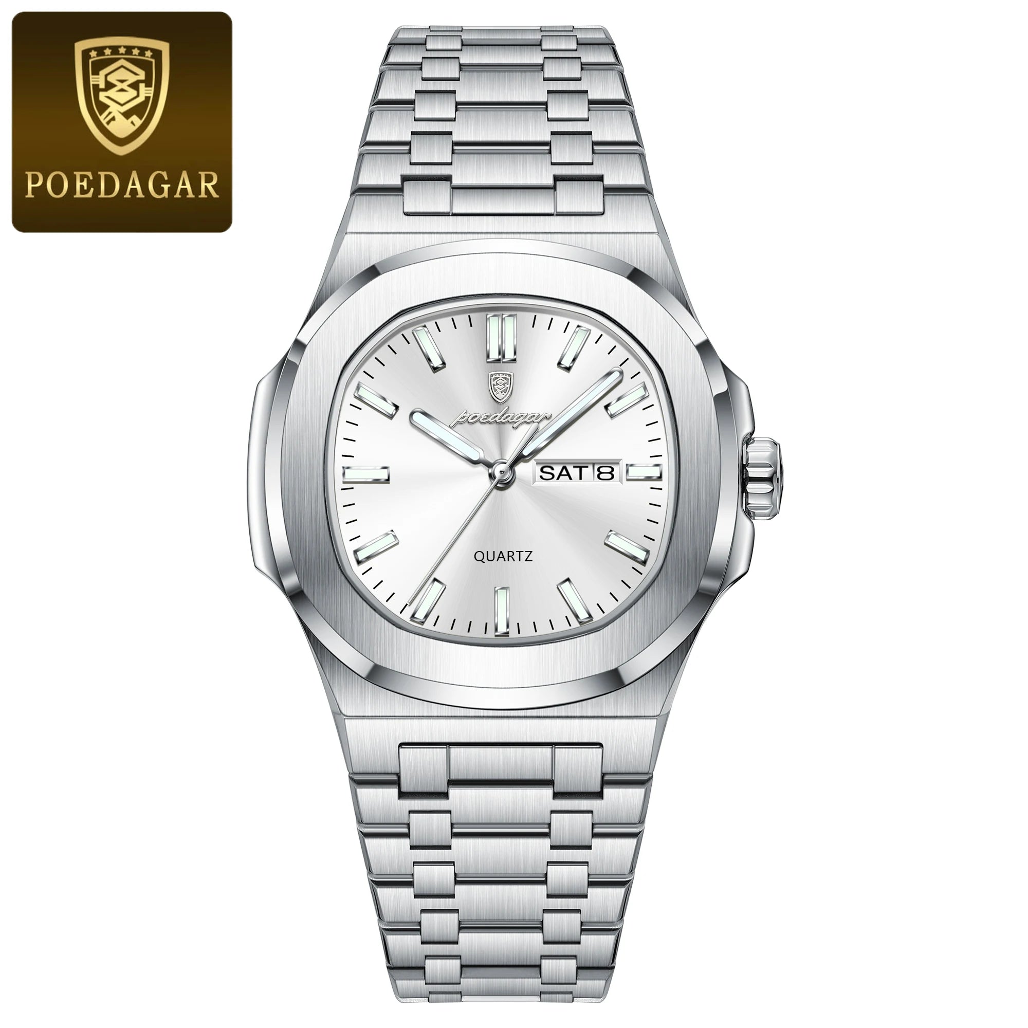 POEDAGAR Luxury Square Men's Watches Waterproof Luminous Date Week Men Watch Stainless Steel Fashion Quartz Man Wristwatch Reloj - Sun Studio