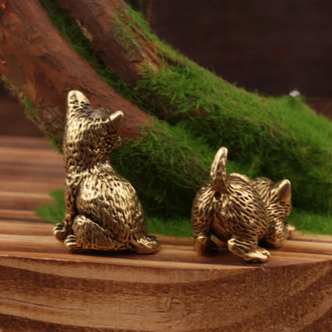 Brass cat Statue Cute 2pcs Miniature Figurines Desk Ornament Decorations Accessories Copper Animal Sculpture Home Decor Crafts - Sun Studio