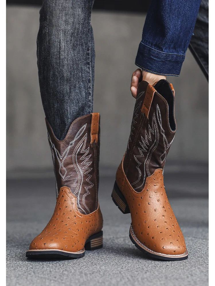 Men's Classic Retro Western Cowboy Boots Embossed Leather Mens Fashion Embroidery Mid-Calf Boot High top Casual Shoes for Men - Sun Studio