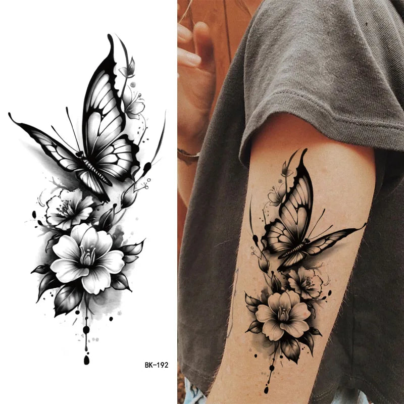 Black White Temporary Transfer Tattoos Floral Butterfly Lettering Line Art Waterproof Body Stickers for Music Festival Party