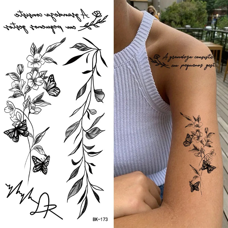 Black White Temporary Transfer Tattoos Floral Butterfly Lettering Line Art Waterproof Body Stickers for Music Festival Party