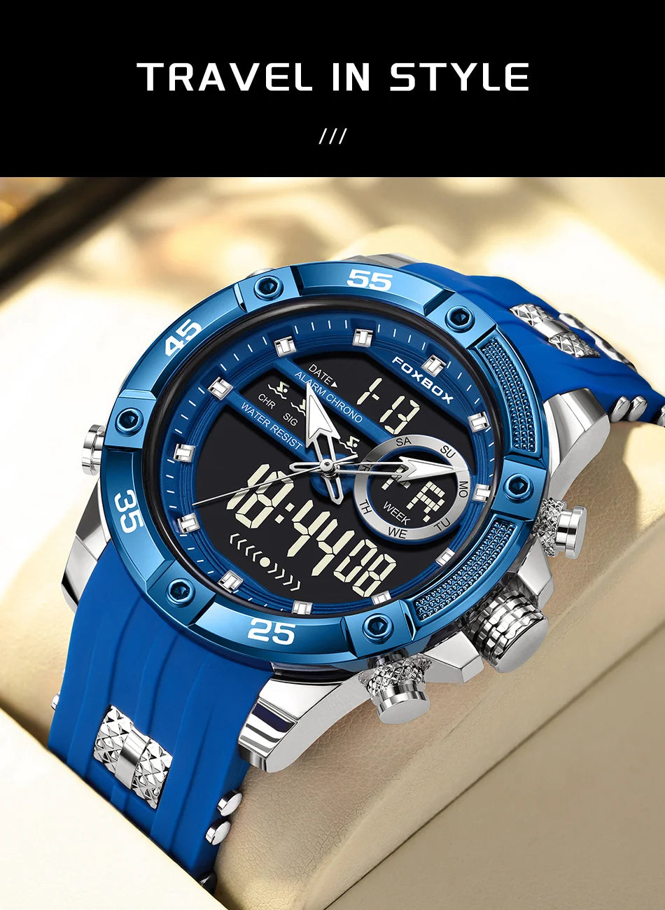FOXBOX LED Dual Display Quartz Watch Soft Silicone Waterproof Luminous Digital Date Mens Watches Fashion Chronograph Man Watch - Sun Studio