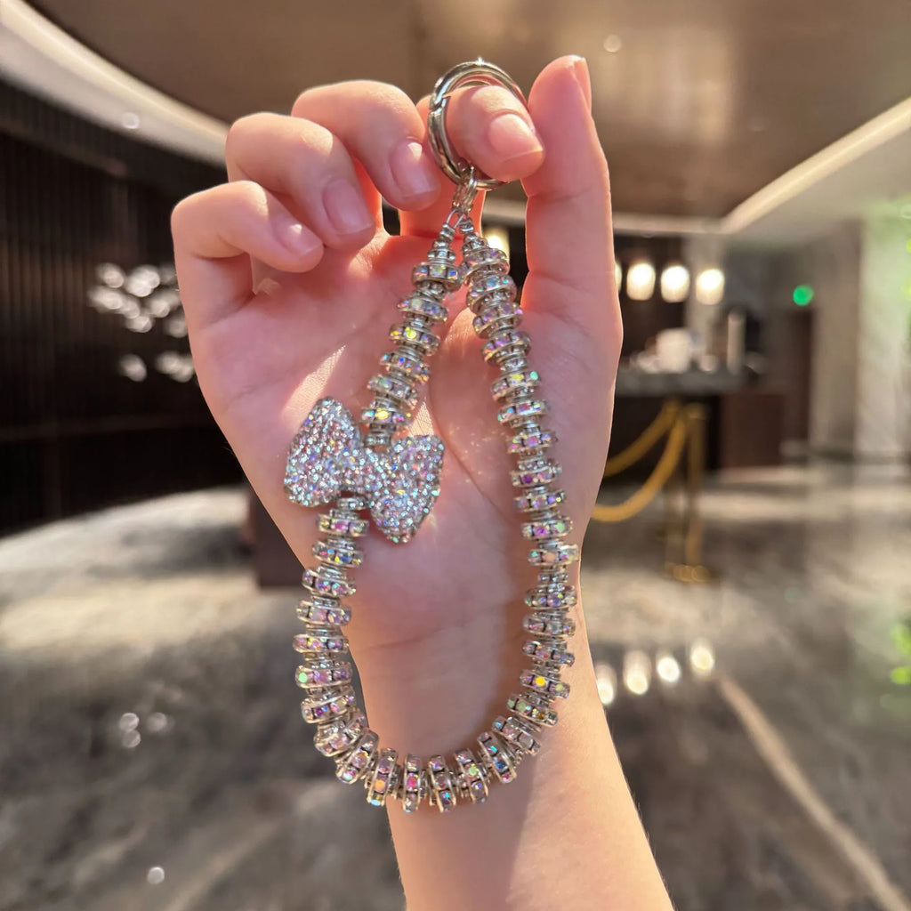 Rhinestone Bow phone wrist strap Luxury Crystal Bead Key Chains Charm Lanyard for Iphone cell phone strap glitter Jewelry Gift - Sun Studio
