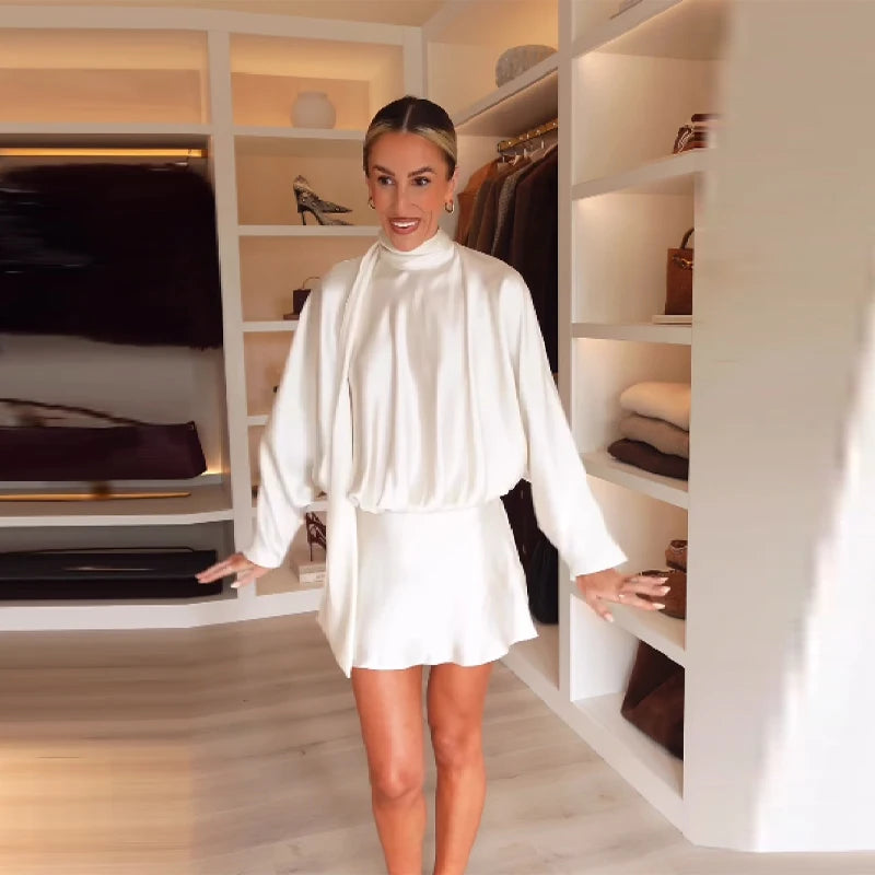 Women's Elegant white Ruched Short Dress Fashion Casual Stand Neck Long Sleeve Mini Dresses 2025 Autumn party Female Clothing - Sun Studio