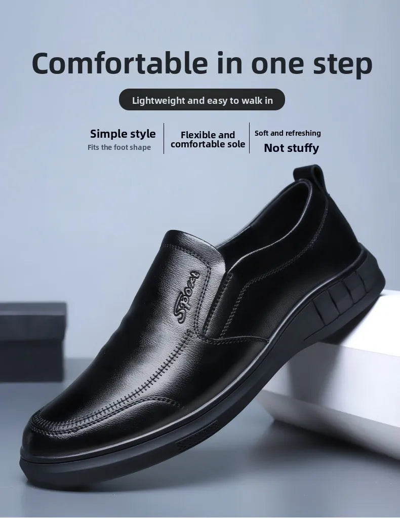 Pure Black Casual Men's Shoes Slip-On Driving Soft Bottom Anti-Slip Leather Shoes Breathable round Toe Flat Heel PVC Outsole - Sun Studio