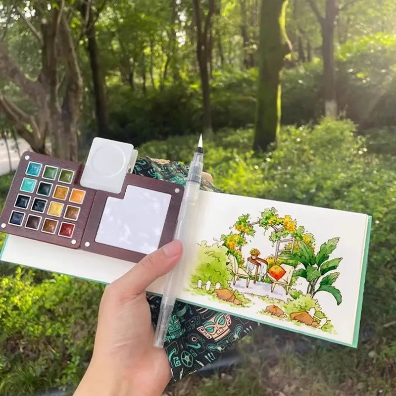 Portable Watercolor Set Walnut Paint Box With Palette 8/15 Colors Travel Mini Watercolor Paint Art School Supplies - Sun Studio