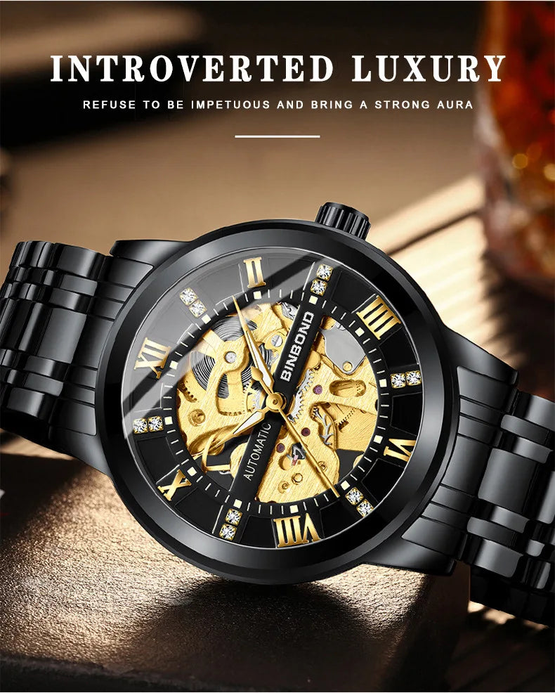 Bindond Mens Automatic Mechanical Watches Top Brand Luxury Stainless Steel Waterproof Hollow Male Wristwatches Relogio Masculino - Sun Studio