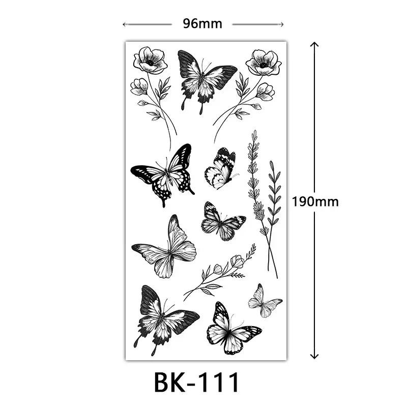 Rose Blossom Tattoo Temporary Waterproof Butterfly Fake Tattoo for Woman Black Flower Sketch Tattoo Sticker