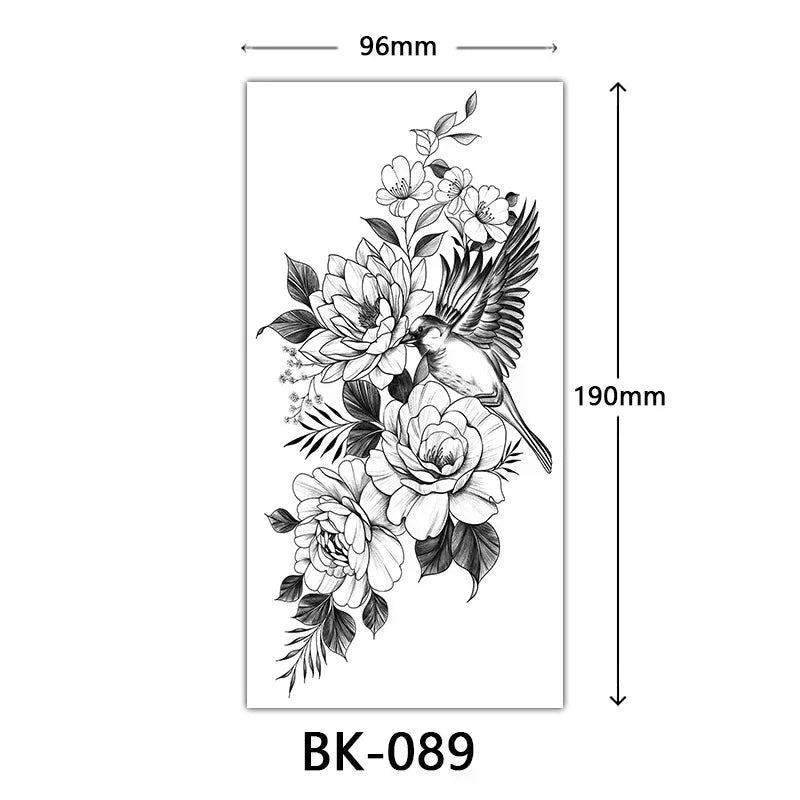 Rosenblüten-Tattoo Temporäres wasserdichtes Schmetterlings-Fake-Tattoo für Frauen Schwarzes Blumen-Skizzen-Tattoo-Aufkleber
