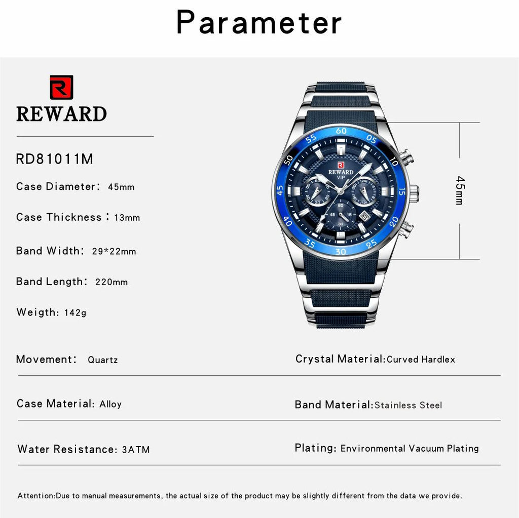 REWARD Blue Business Watches for Men Chronograph Silicone Quartz Wristwatch Man Wrist Watches Male Sports Waterproof Watch - Sun Studio