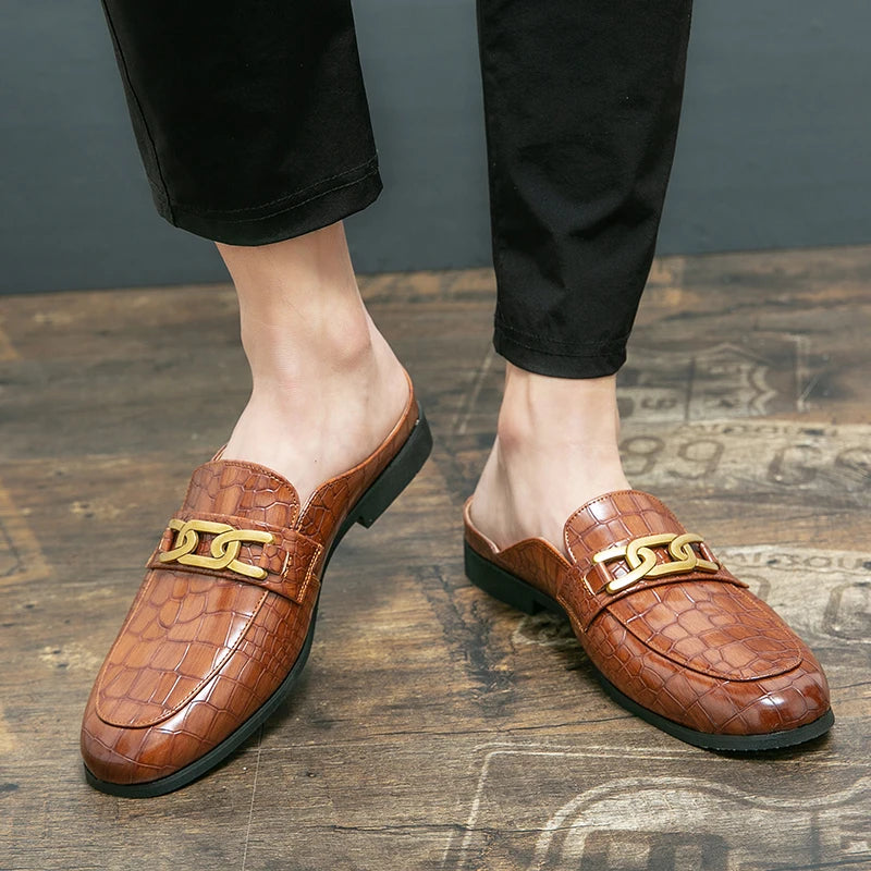 100% Genuine Leather Black Men’s Half Shoes For Men Shoes Mules Casual Designer Shoes Fashion Loafers Luxury Black Slippers 2022 - Sun Studio