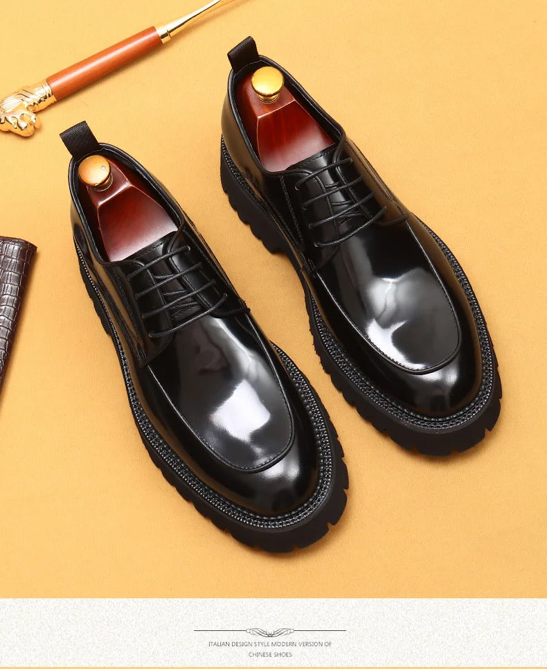 designer men's leather shoes with thick soles round toe glossy leather business dress shoes Waxed cowhide lace up British shoes - Sun Studio