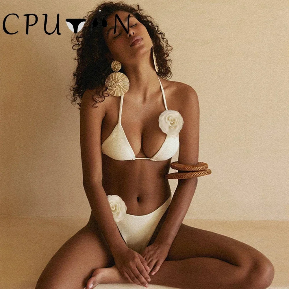 2026 New Sexy White 3D Flower Solid Two Piece Push Up Bikini Set Luxury Swimwear Women Swimsuit Beachwear Summer Bathing Suit - Sun Studio