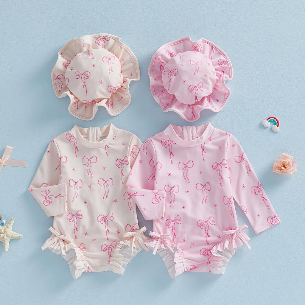 Toddler Baby Girl Rash Guard Swimsuit Bow Print Ruffled Long Sleeve Round Neck Beachwear Jumpsuit and Hat Swimwear 2Pcs Set - Sun Studio