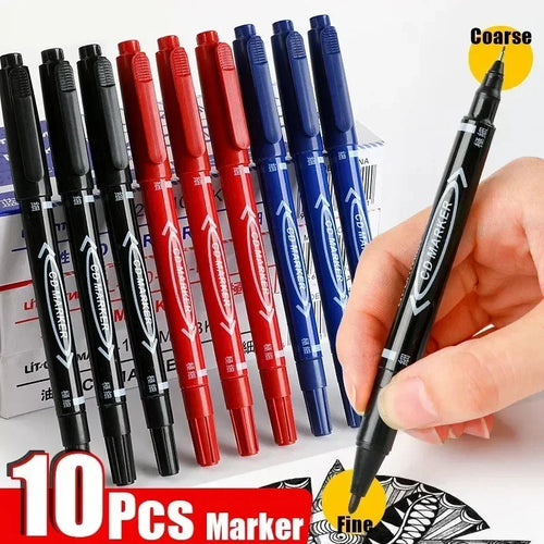10pcs Wholesale Twin Tip Permanent Marker Pen Fine Point Waterproof Ink Thin Nib Crude Nib Black/Blue/Red Ink 0.5-1mm Fine Color - Sun Studio